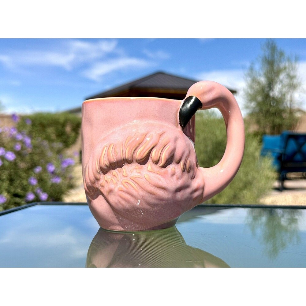 Pink Flamingo Handle Embossed Drinking Mug (Cabana) 16 Oz Home Essentials